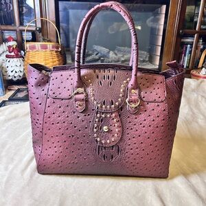 Cato Burgundy Ostrich-Embossed Satchel